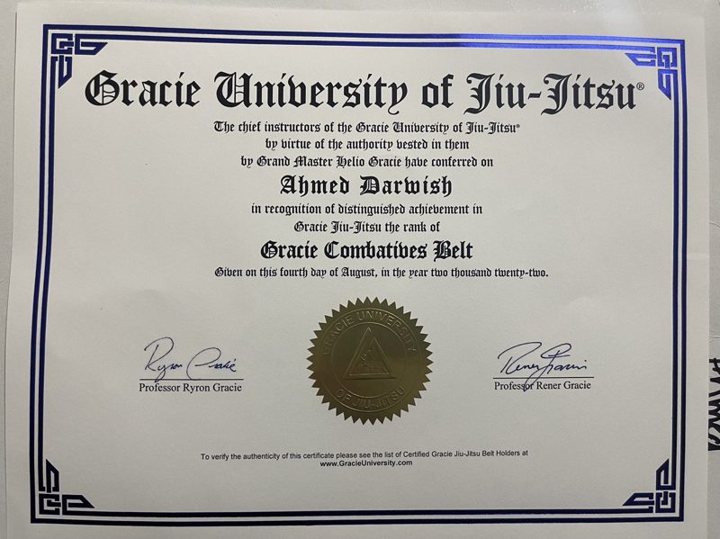 Gracie University certificate awarding Ahmed Darwish the Gracie Combatives Belt